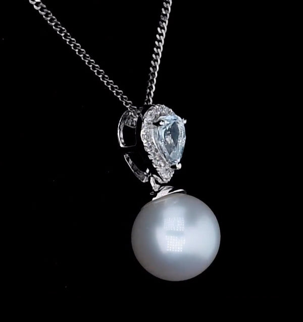 Pearl and Blue Topaz and Diamond Pendant Necklace in 9K White Gold
